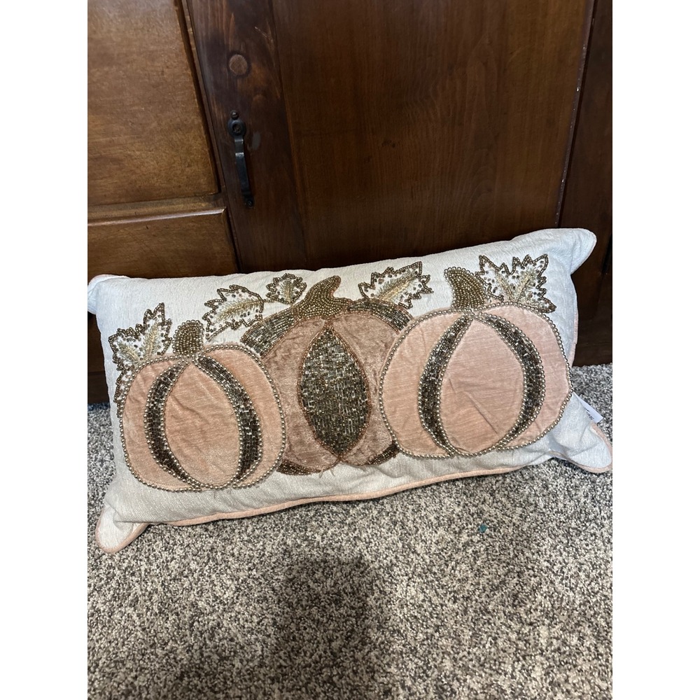 Shabby Chic Beaded Velvet Pumpkin Lumbar Pillow Blush Pink Gold Thanksgiving